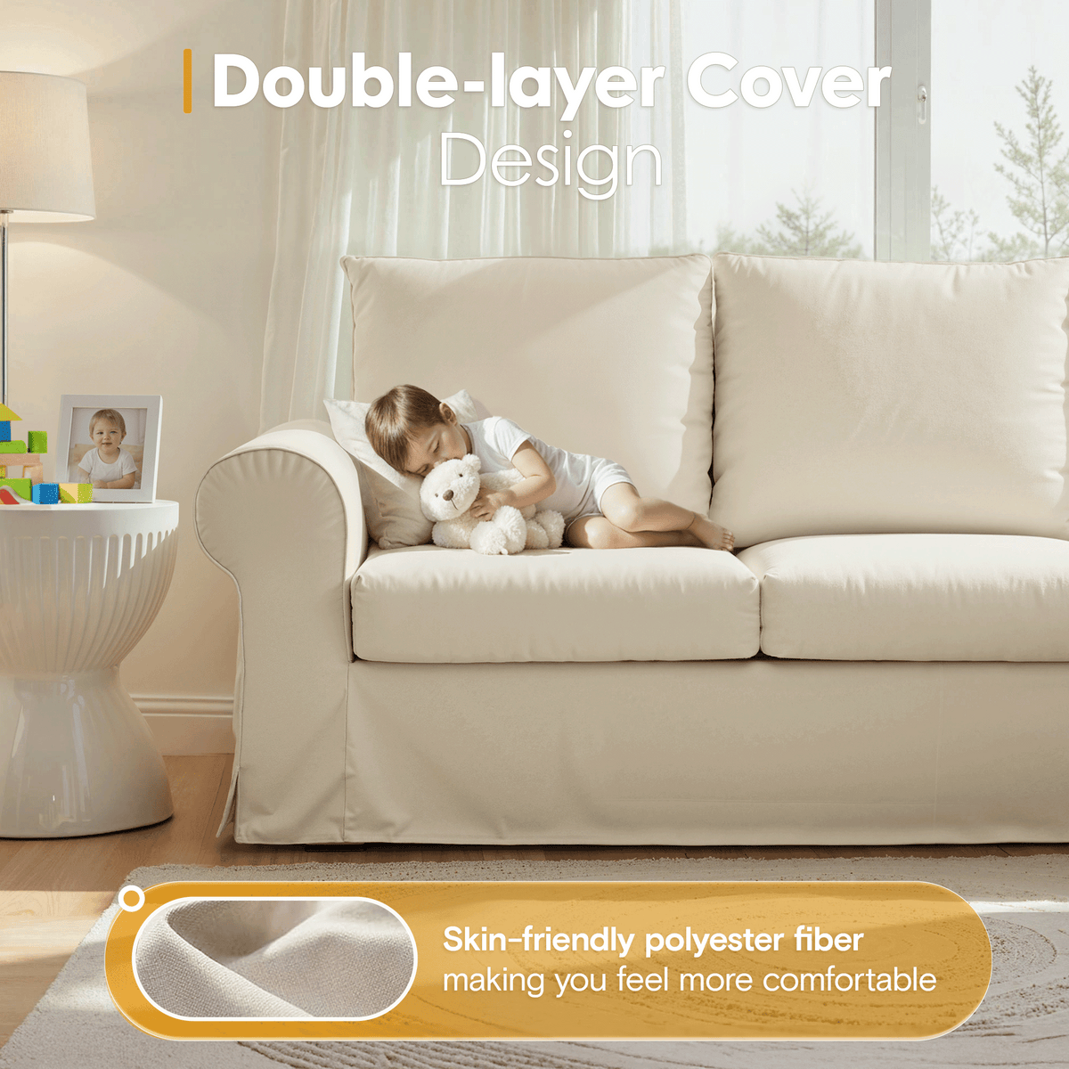 Vorthio 3-Seater Farmhouse Sofa, Deep Seat Couch with High Back Support, Removable Washable Cover, White