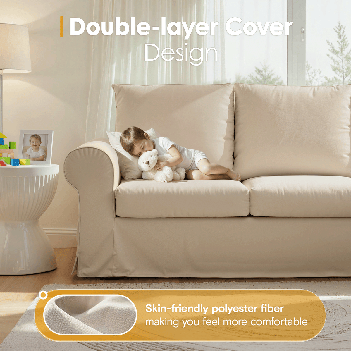 89" Farmhouse 3-Seater Sofa, Deep Seat Couch with High Back Support, Washable Removable Cover, Rolled Arms, Beige