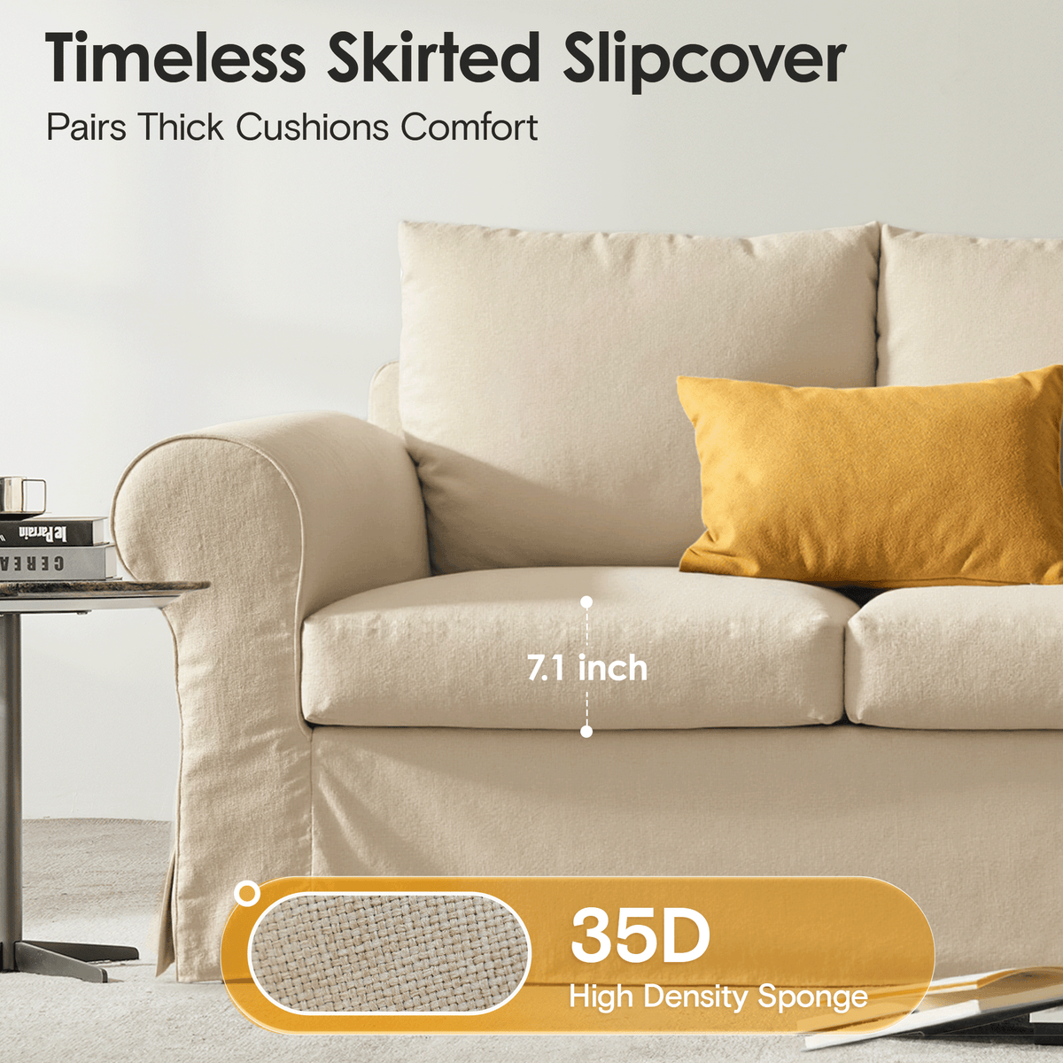 89" Farmhouse 3-Seater Sofa, Deep Seat Couch with High Back Support, Washable Removable Cover, Rolled Arms, Beige