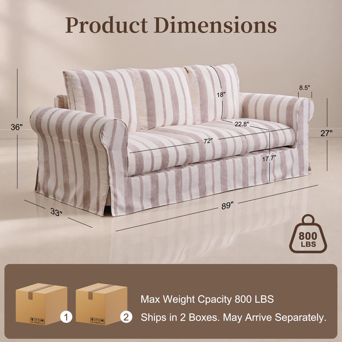 Vorthio 89" 3 Seater Couch for Living Room, Striped Chenille Beige Couch, Living Room Sofa with Deep Seat, Washable Cover, Beige