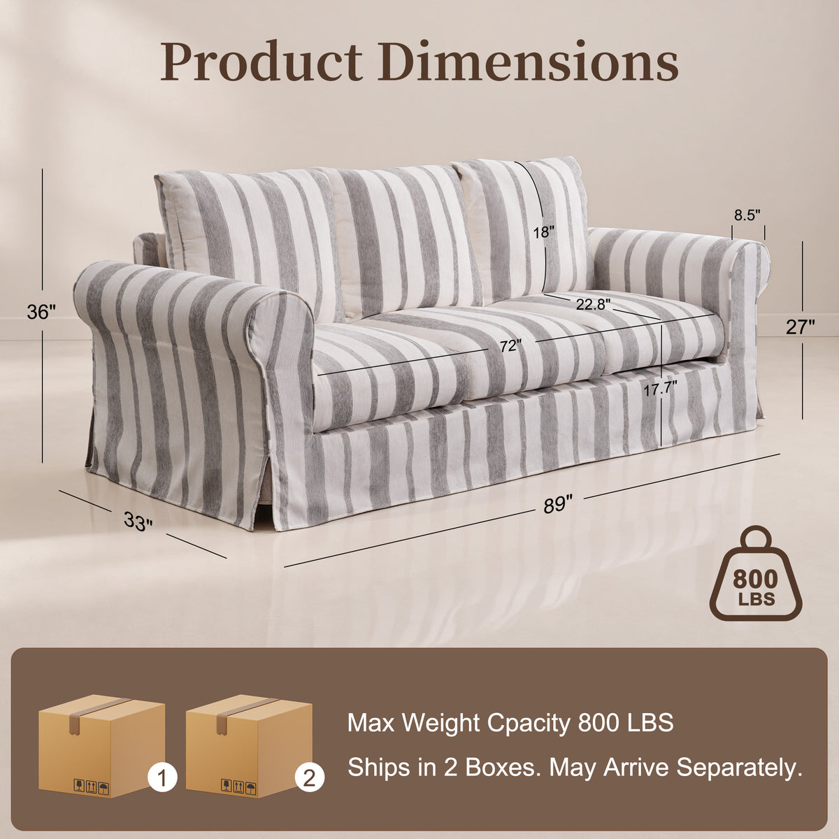 Vorthio 89" 3 Seater Couch for Living Room, Farmhouse Striped Chenille Couch, Living Room Sofa with Deep Seat, Washable Cover, Light Gray