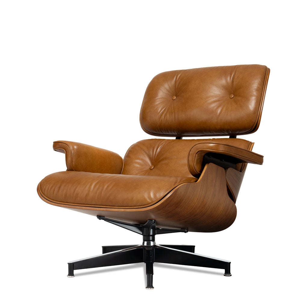 Mid-Century Lounge Chair and Ottoman - A+ Premium - Taller - Walnut wood - Wax leather - Leather Brown