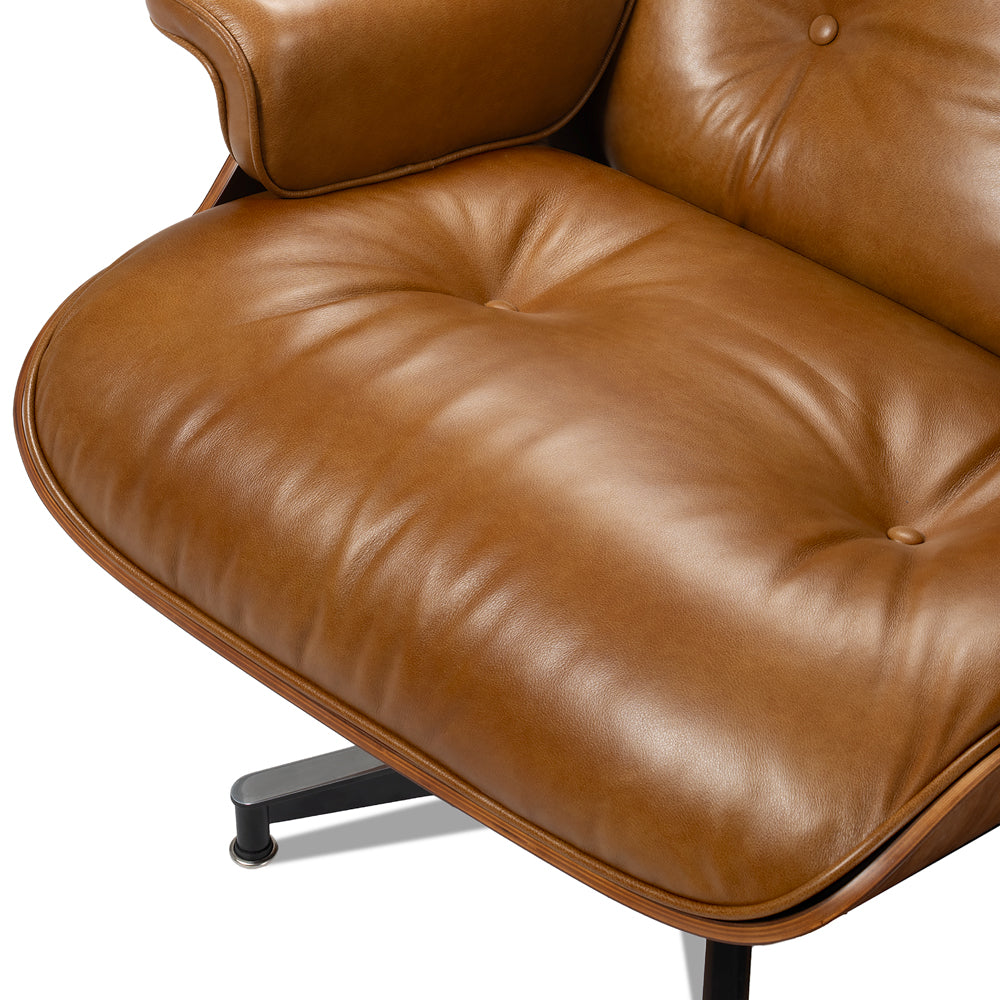Mid-Century Lounge Chair and Ottoman - A+ Premium - Taller - Walnut wood - Wax leather - Leather Brown