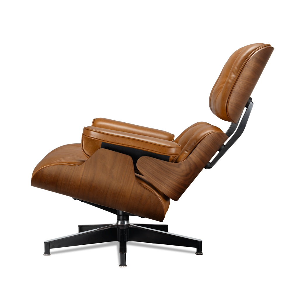 Mid-Century Lounge Chair and Ottoman - A+ Premium - Taller - Walnut wood - Wax leather - Leather Brown