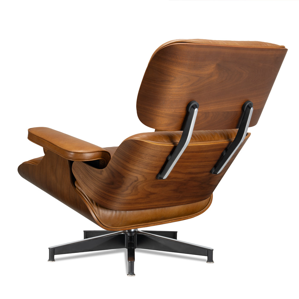 Mid-Century Lounge Chair and Ottoman - A+ Premium - Taller - Walnut wood - Wax leather - Leather Brown