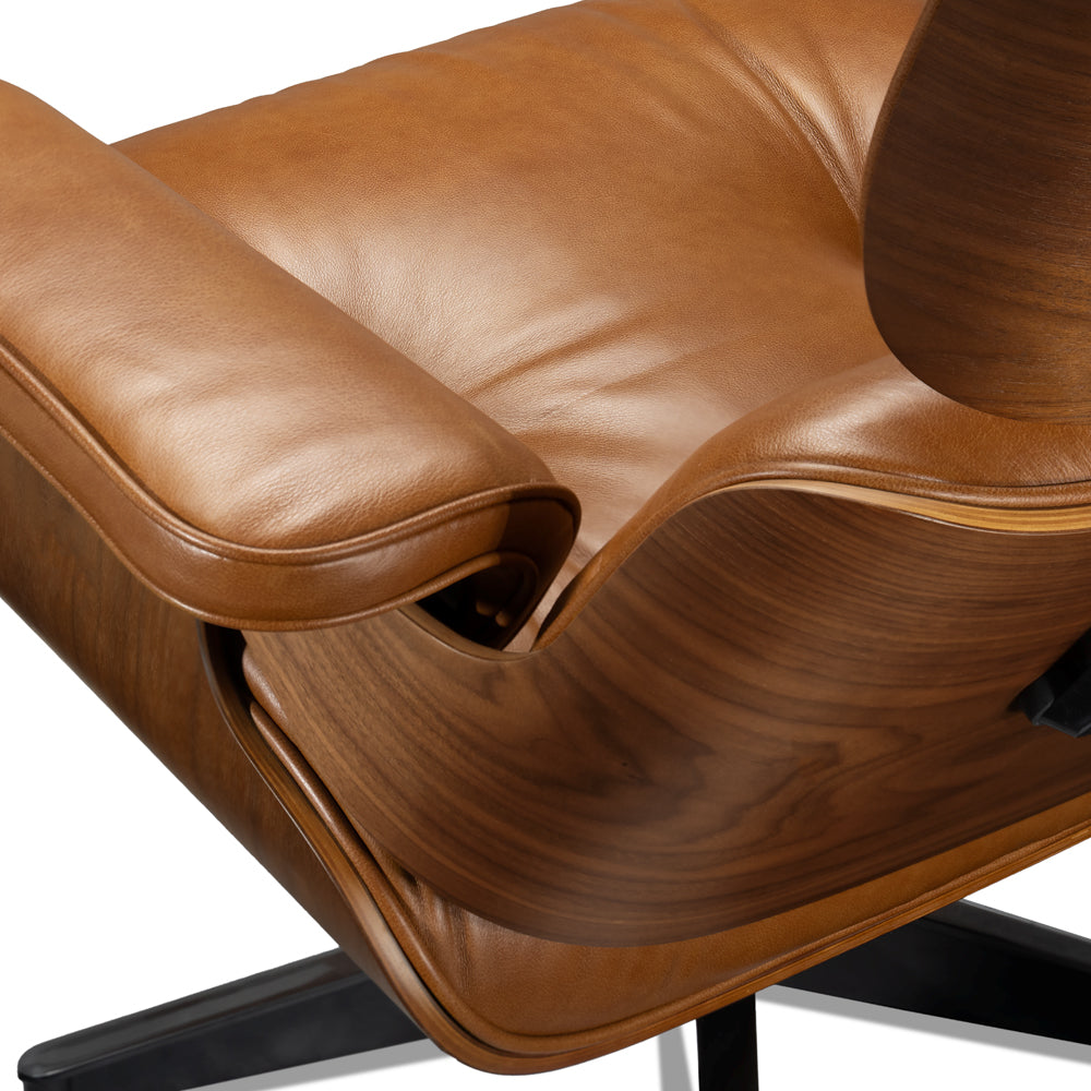 Mid-Century Lounge Chair and Ottoman - A+ Premium - Taller - Walnut wood - Wax leather - Leather Brown