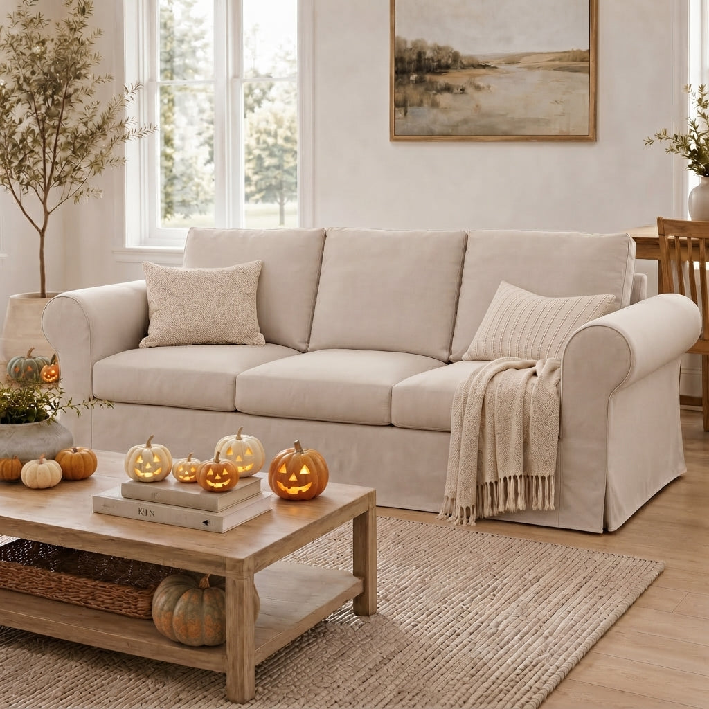Vorthio Life 89" Farmhouse 3-Seater Sofa, Deep Seat Couch with High Back Support, Washable Removable Cover, Rolled Arms, Beige
