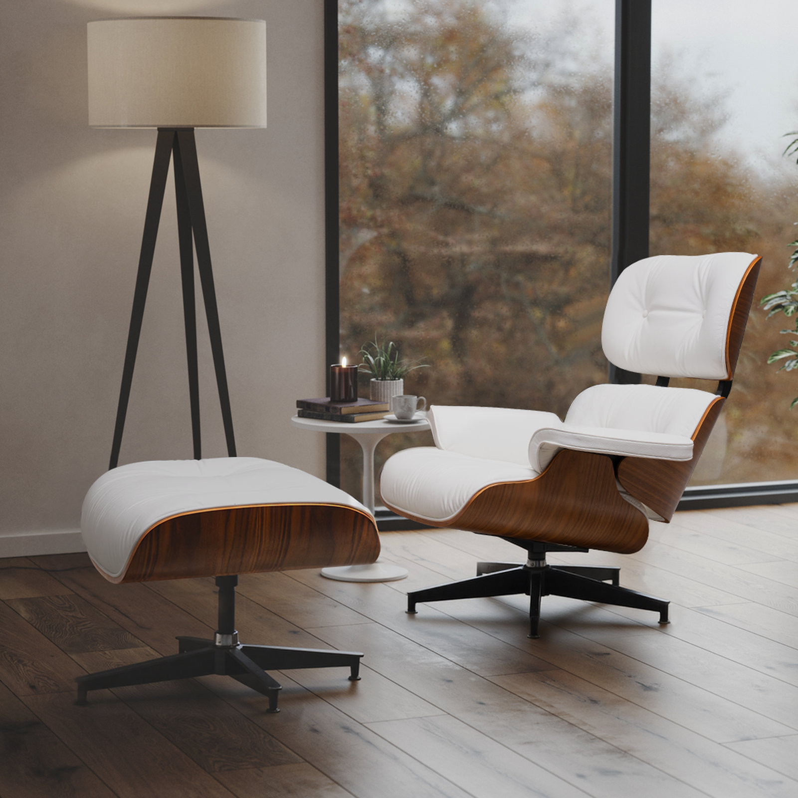 Mid-Century Lounge Chair and Ottoman - A+ Premium Taller - White