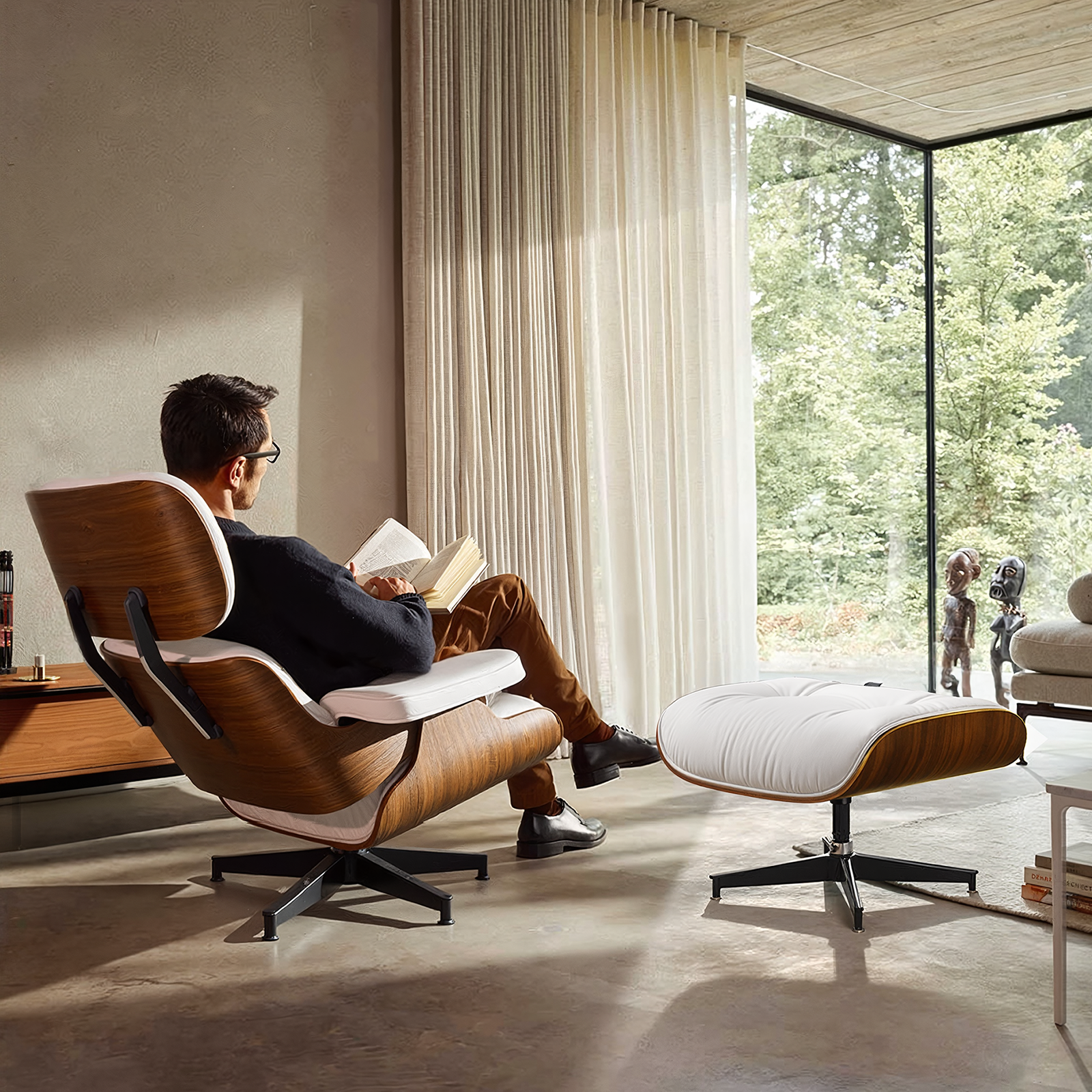 Mid-Century Lounge Chair and Ottoman - A+ Premium Taller - White