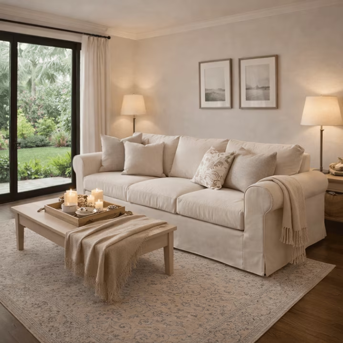 Vorthio 3-Seater Farmhouse Sofa, Deep Seat Couch with High Back Support, Removable Washable Cover, Beige