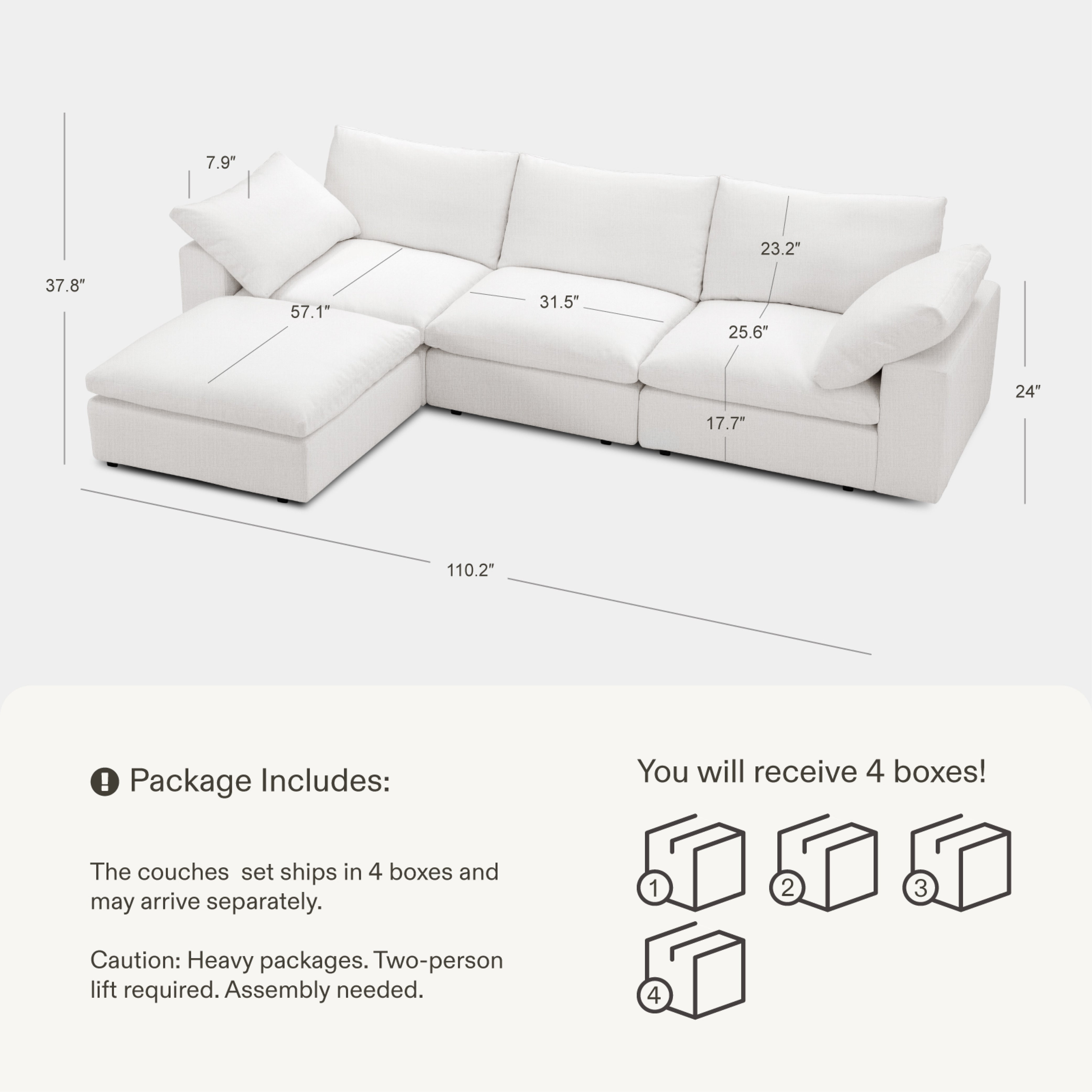 Cloud Couch Oversized Modular Sectional Sofa True Relax Comfy Couches Wide&Deep Seat Sofas for Living Room Metal Frame Furniture Sets - Vorthio