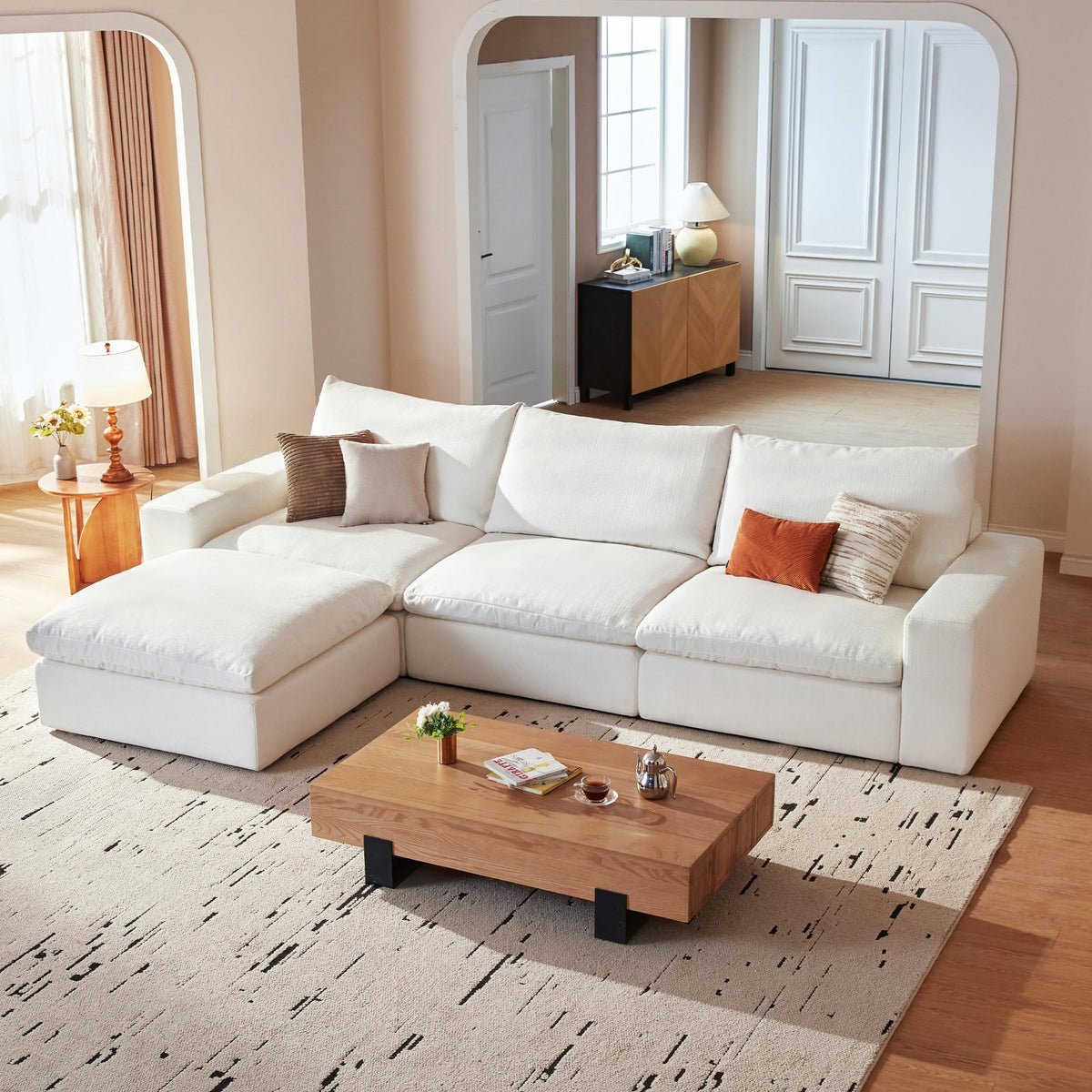 Vorthio 113.8" Oversized Deep Seat Modular Sectiona Sofa, L-Shaped White Sofa with Memory Foam and Storage Ottoman for Living Room，White