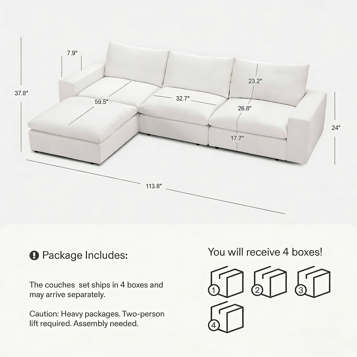 Vorthio 113.8" Oversized Deep Seat Modular Sectiona Sofa, L-Shaped White Sofa with Memory Foam and Storage Ottoman for Living Room，White