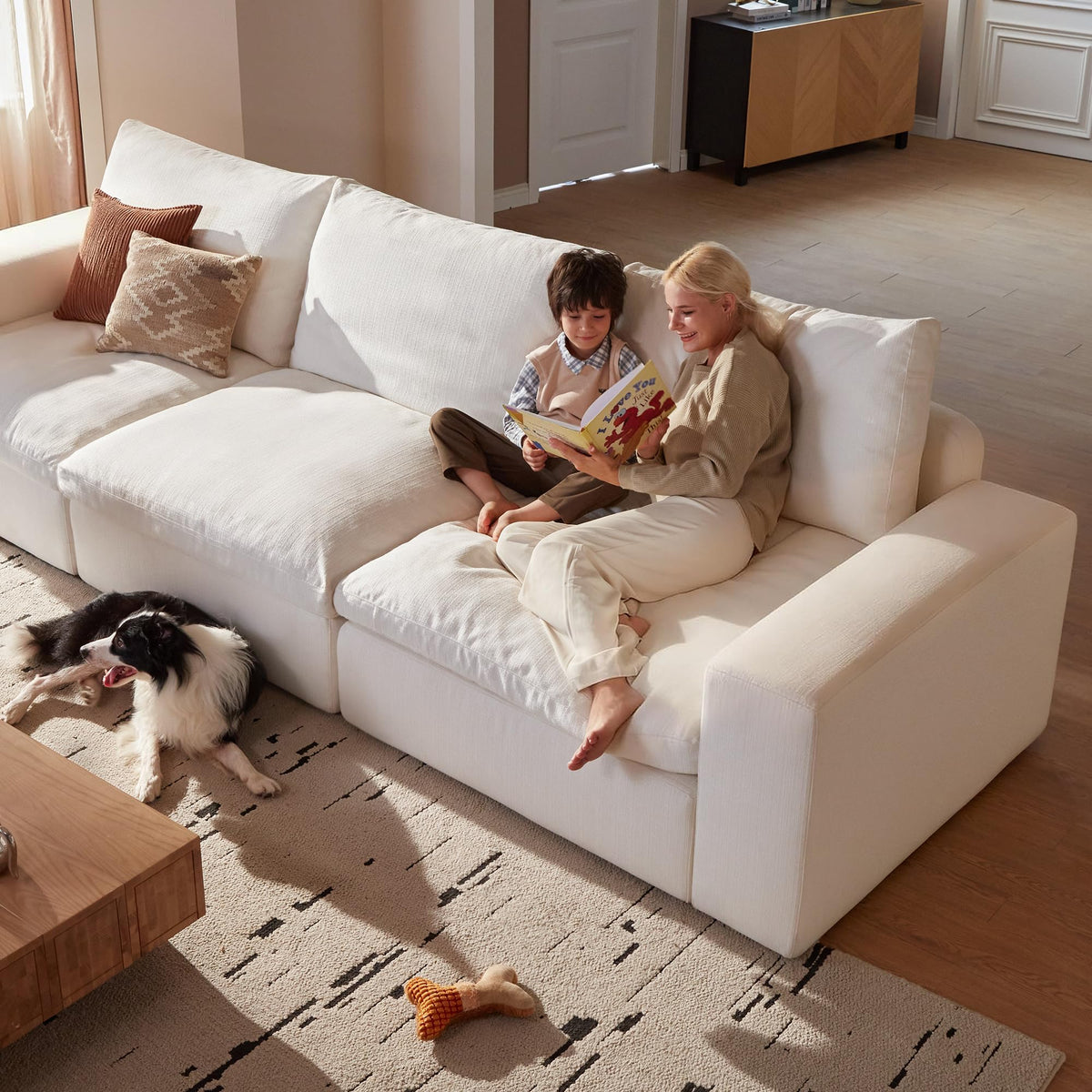 Vorthio 113.8" Oversized Deep Seat Modular Sectiona Sofa, L-Shaped White Sofa with Memory Foam and Storage Ottoman for Living Room，White