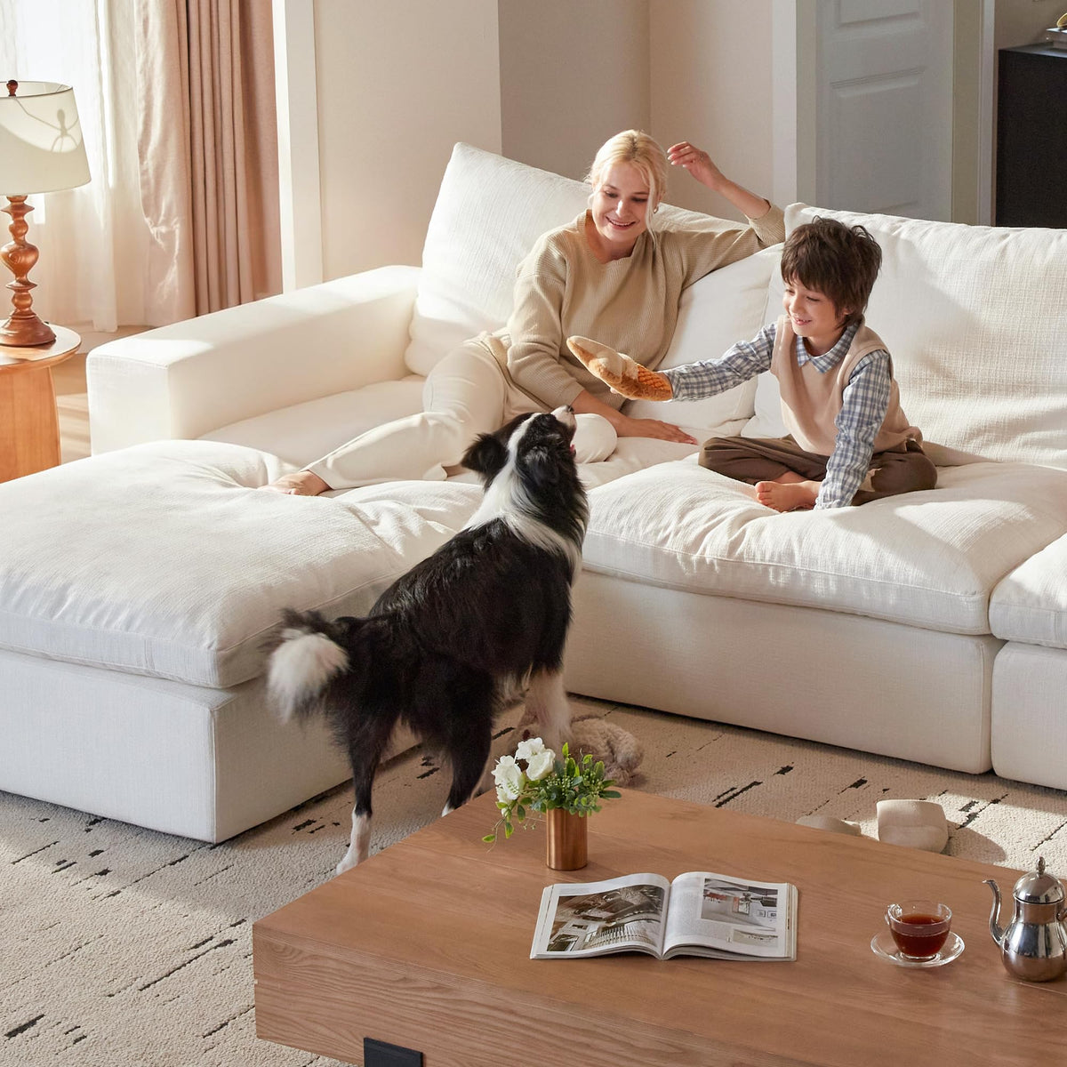 Vorthio 113.8" Oversized Deep Seat Modular Sectiona Sofa, L-Shaped White Sofa with Memory Foam and Storage Ottoman for Living Room，White