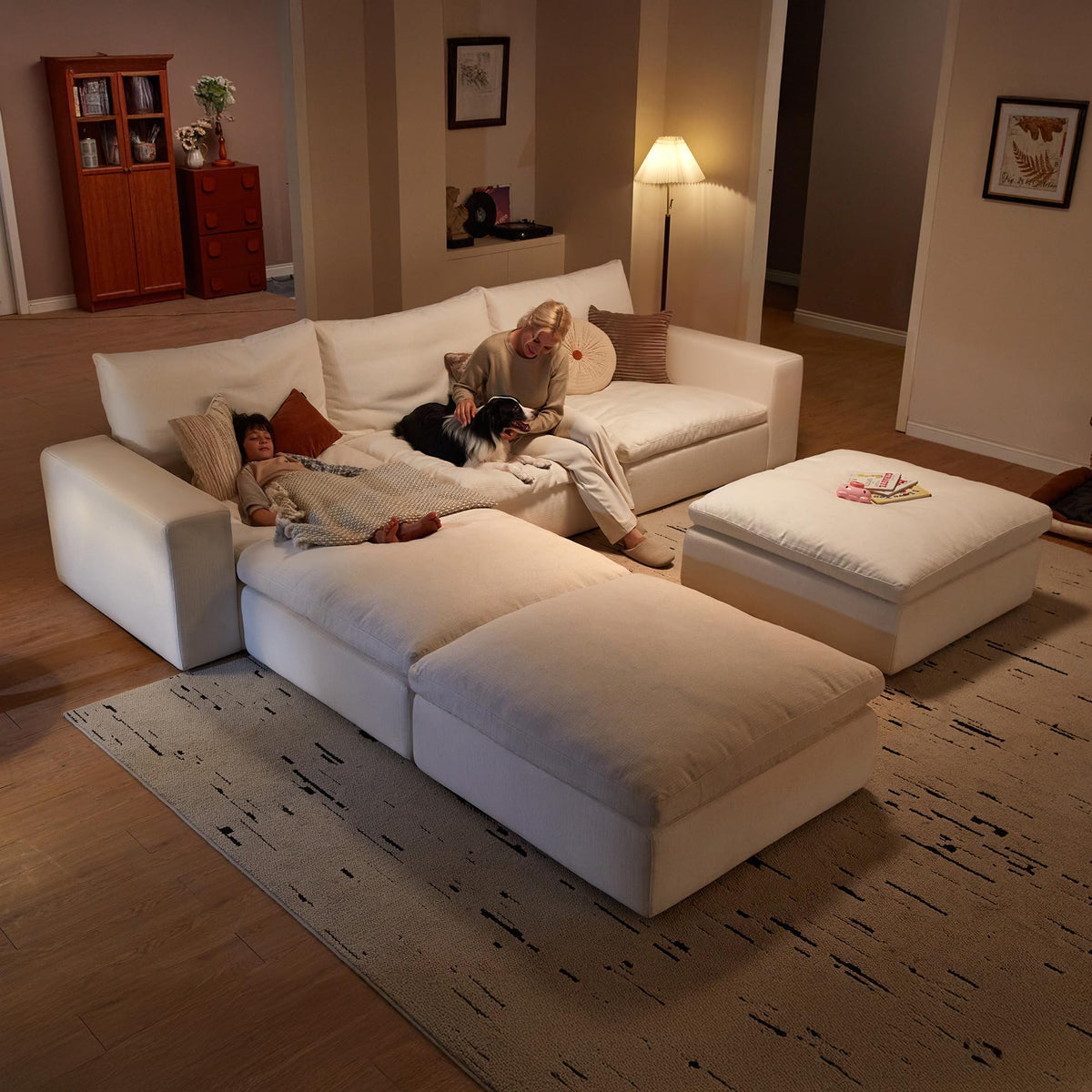 Vorthio 113.8" Oversized Deep Seat Modular Sectiona Sofa, L-Shaped White Sofa with Memory Foam and Storage Ottoman for Living Room，White