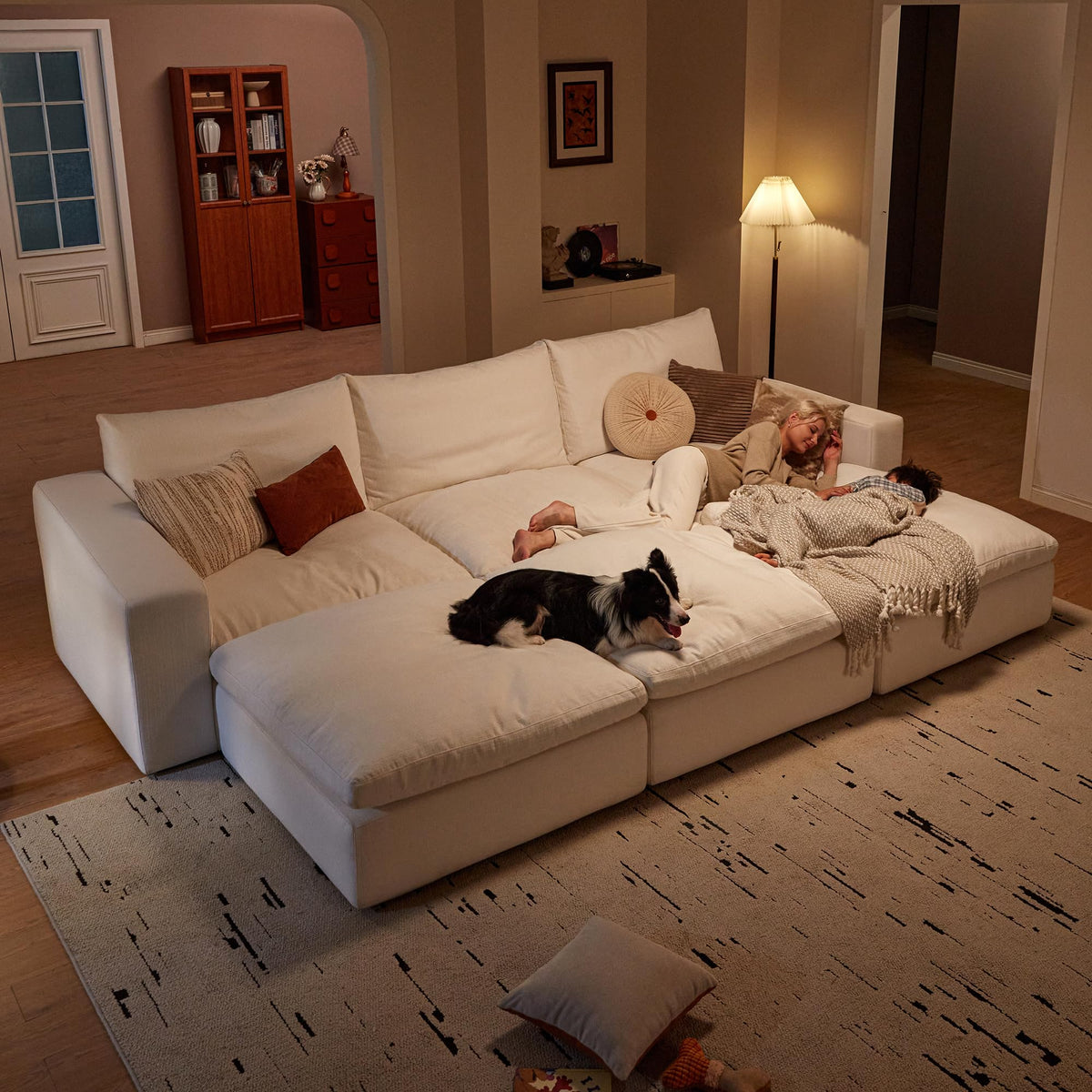Vorthio 113.8" Oversized Deep Seat Modular Sectiona Sofa, L-Shaped White Sofa with Memory Foam and Storage Ottoman for Living Room，White
