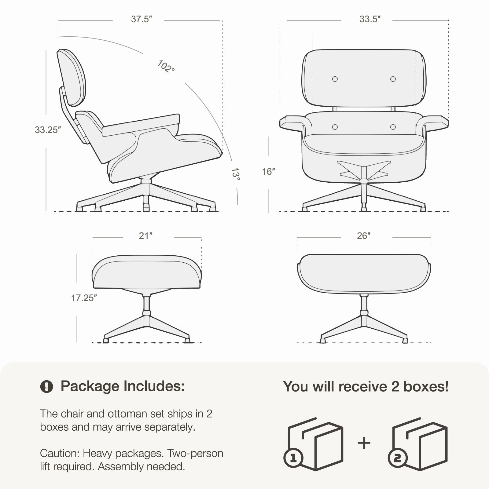 Mid - Century Lounge Chair and Ottoman - A+ Premium Taller - Black - Vorthio
