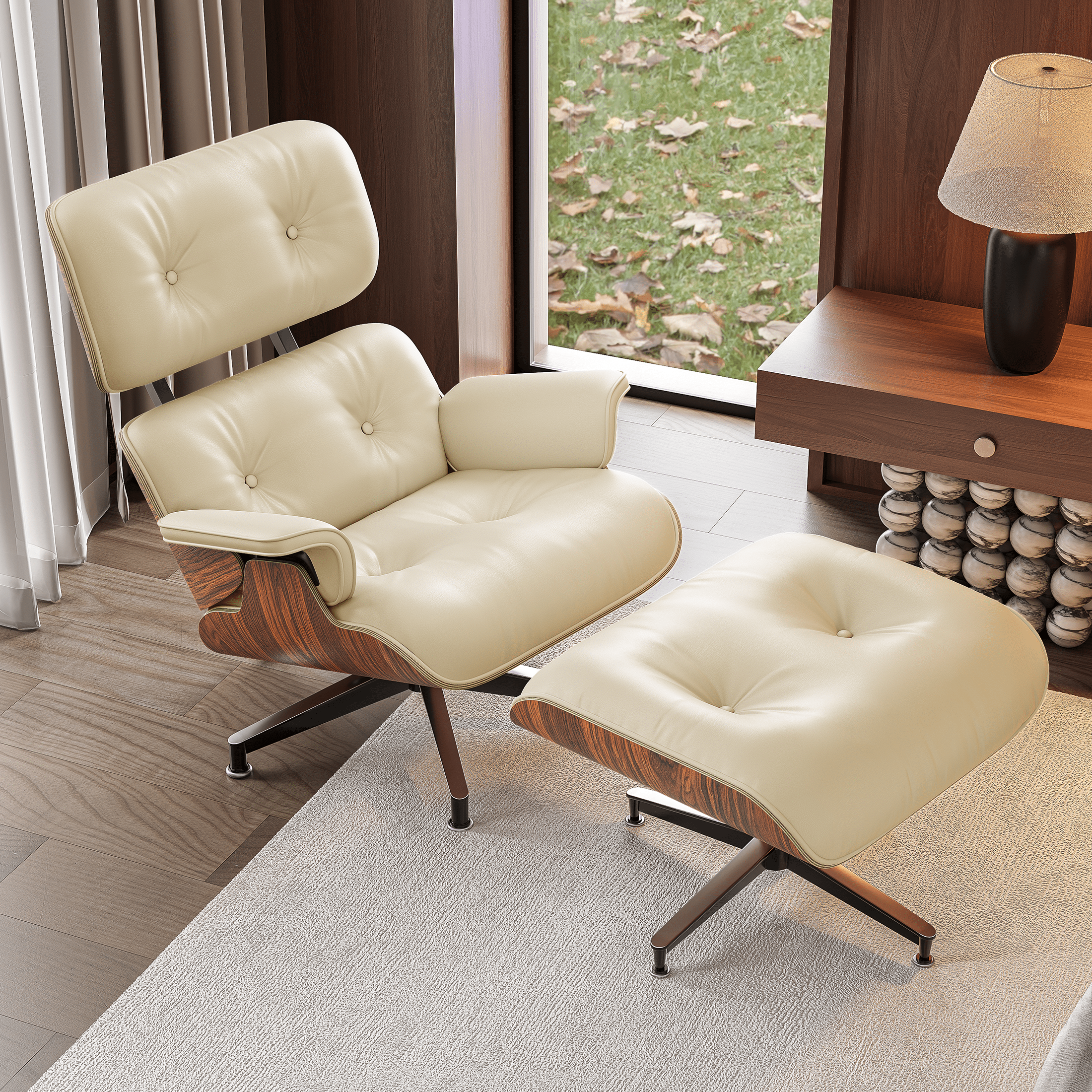 Mid - Century Lounge Chair and Ottoman - A+ Premium Taller Red Rosewood - Beige - Vorthio