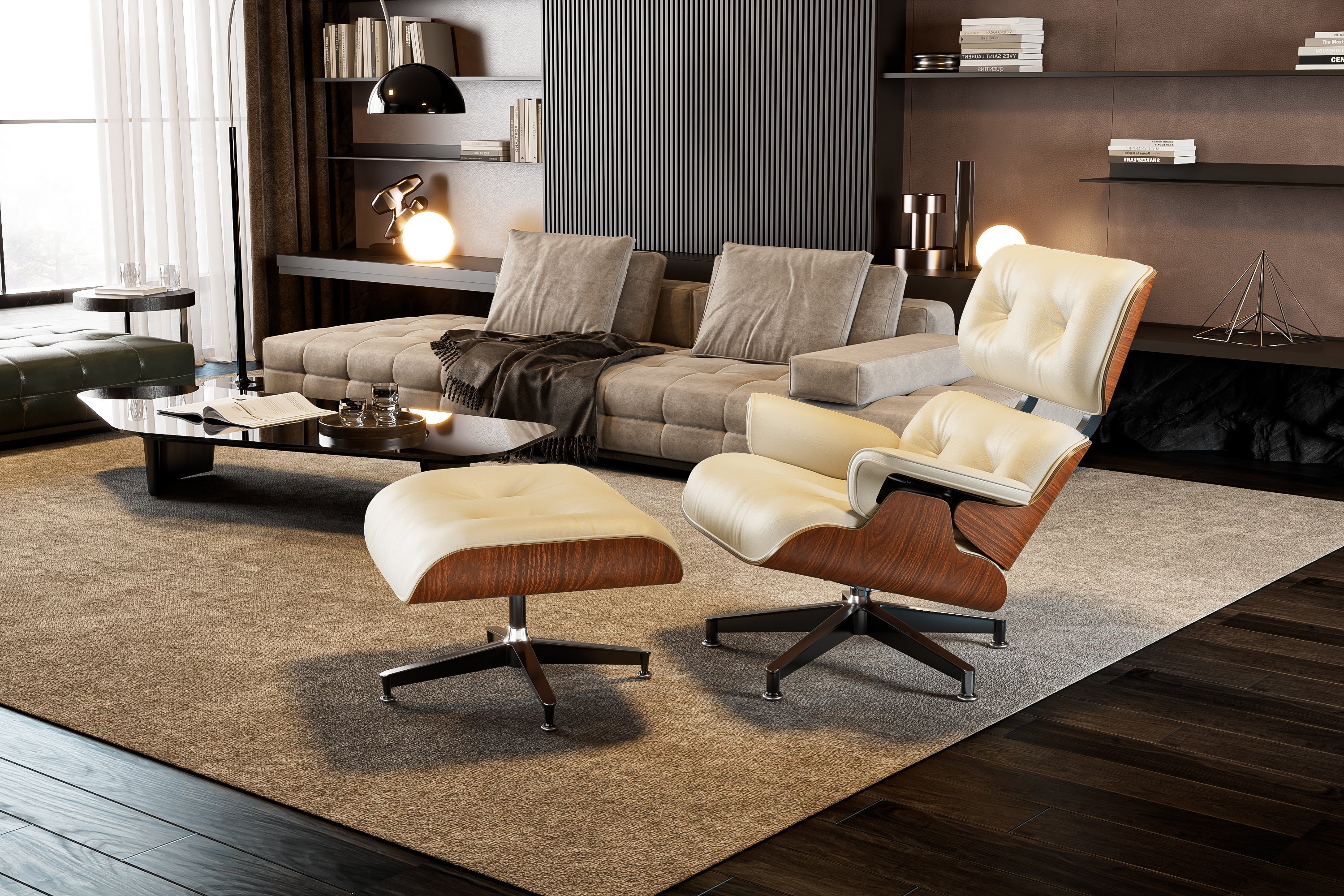 Mid - Century Lounge Chair and Ottoman - A+ Premium Taller Walnut wood - Beige - Vorthio