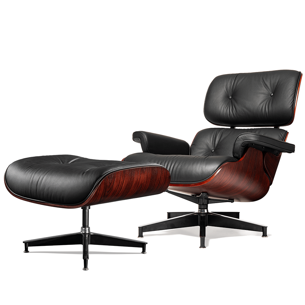 Mid-Century Lounge Chair and Ottoman - Taller - Dark Rosewood - Black