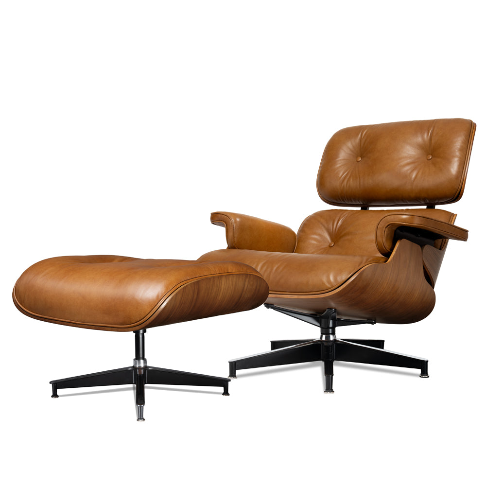 Mid-Century Lounge Chair and Ottoman - A+ Premium - Taller - Walnut wood - Wax leather - Leather Brown