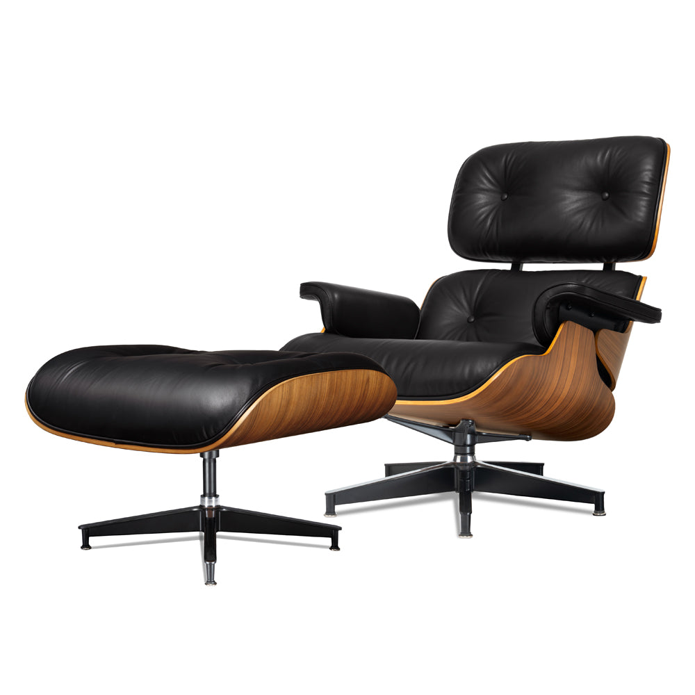 Mid-Century Chaise Lounge Chair in Top-Grain Leather- A+ Premium Taller - Walnut wood - Black